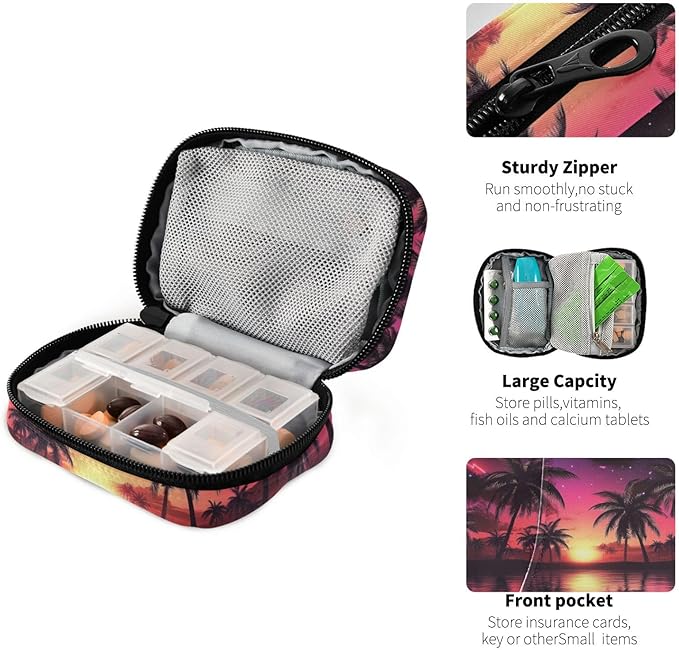Travel Pill Case Palm Trees Sunset Stars Weekly Small Pill Box 7 Day Pill Box Pill Organizer Bag