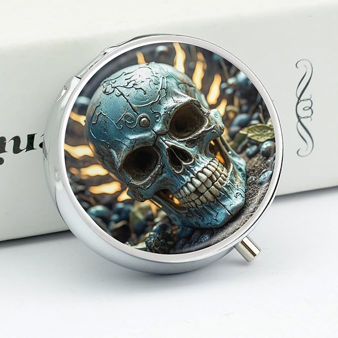 Cool Evil Skull Pill Box Travel Pill Case for Purse Pocket Weekly Medicine Organizer with Mirror 3 Compartment Round Medicine Case Portable PillcaseHolder for Daily