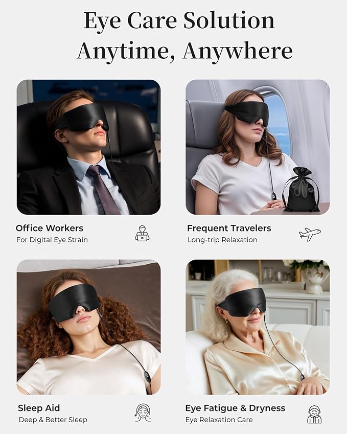 Silk Heated Eye Masks for Dry Eyes: Warm Compress for Tired Eyes Sinus Stye Eye Treatment - Stable Electric Moist Heating Pad for Sleep & Travel- FSA&HSA Eligible,USB Powered(Black)