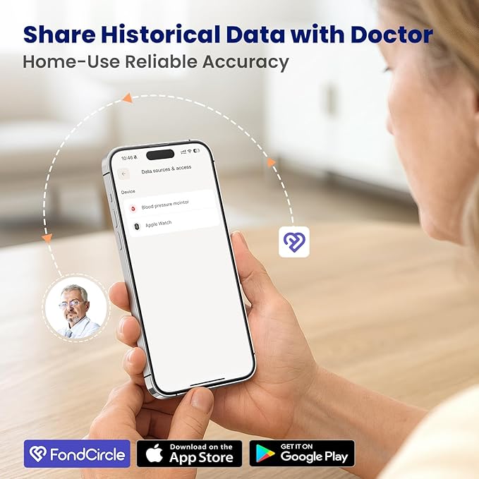 Blood Pressure Monitor, FondCircle Upper Arm Blood Pressure Monitor for Home Use, Stores 2x99 Readings, Bluetooth Enabled with 8.6"-16.5" Cuff, Large Backlit Display, Data Sync App for iOS & Android