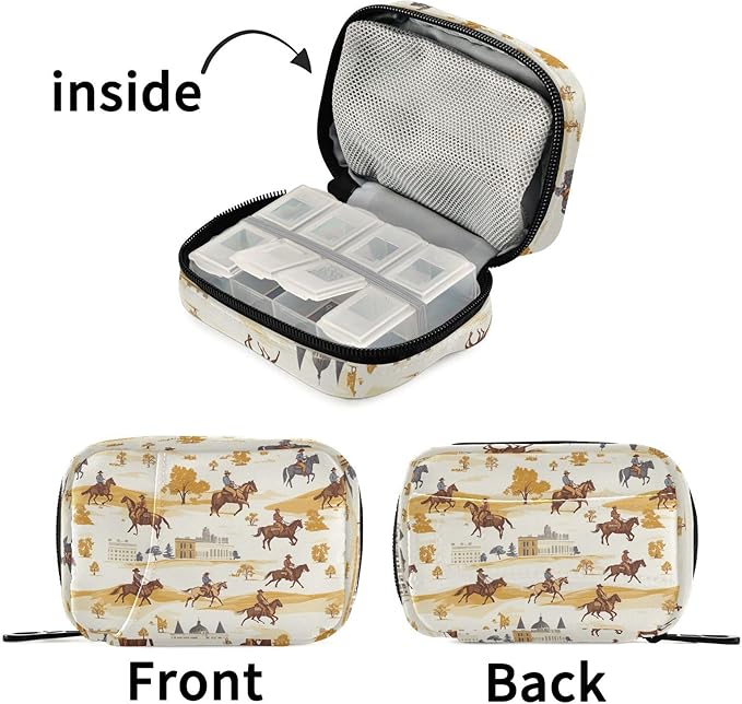 Fustylead Cowboy Riding Horse and Building Pill Organizer for Purse, Weekly Portable Pill Box with Zipper to Storage Vitamins Fish Oils Medications Supplements