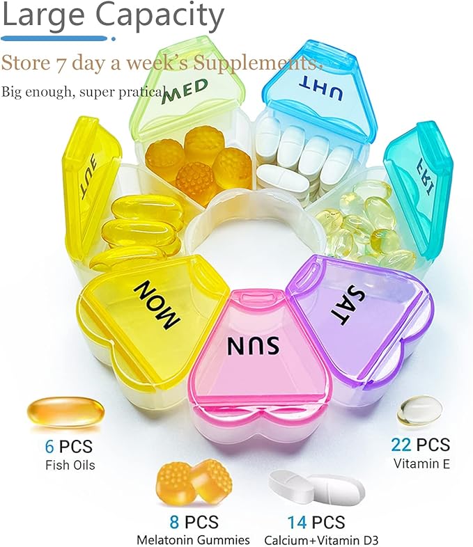 MOLN HYMY Cute Weekly Pill Box 7 Day, Heart Shaped Pill Case Organizer 1 time a Day, Purple Pink Pill Container Once Daily, Large Medicine Dispenser for Vitamin/Fish Oil/Medication/Supplements