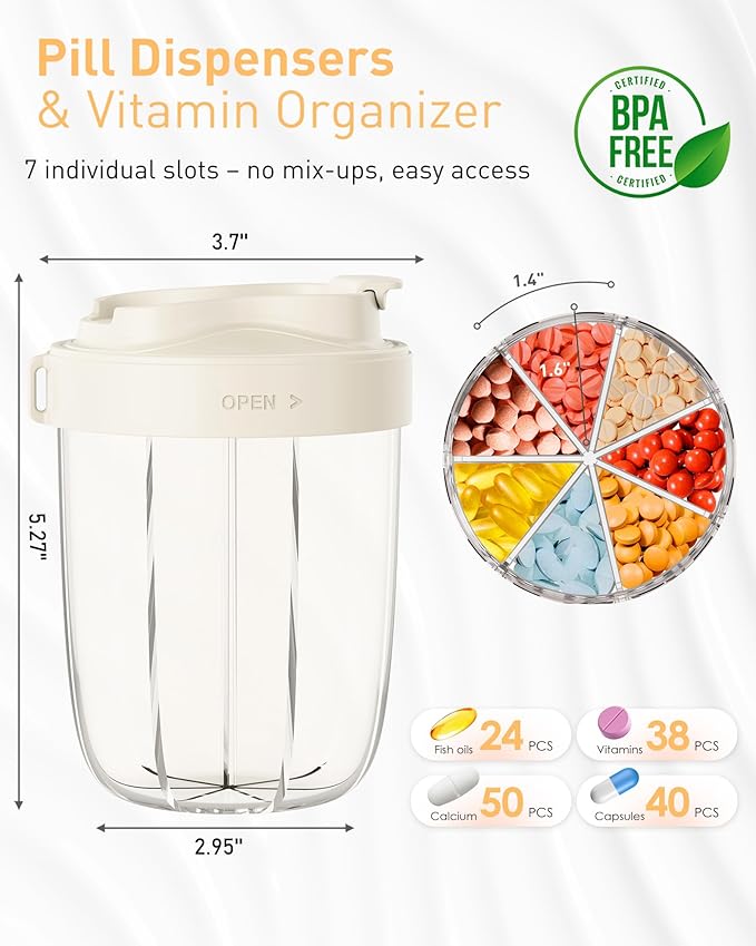 Large Pill Organizer,Supplement Organizer for 7 Different Vitamins,Pill Dispenser with Anti-Mixing Design,Easy to Retrieve Meds,Includes 20 Pcs Labels,Travel Pill Organizer (Cream White)