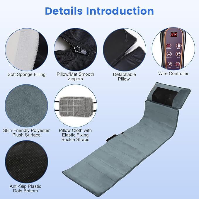 Full Body Massage Mat with Heat,Massage Mattress with Shiatsu Neck Massager & Movable Neck Back Massager Pillow,10 Vibrating Motors,9 Massaging Modes & Timer for Back Leg Pain Relief
