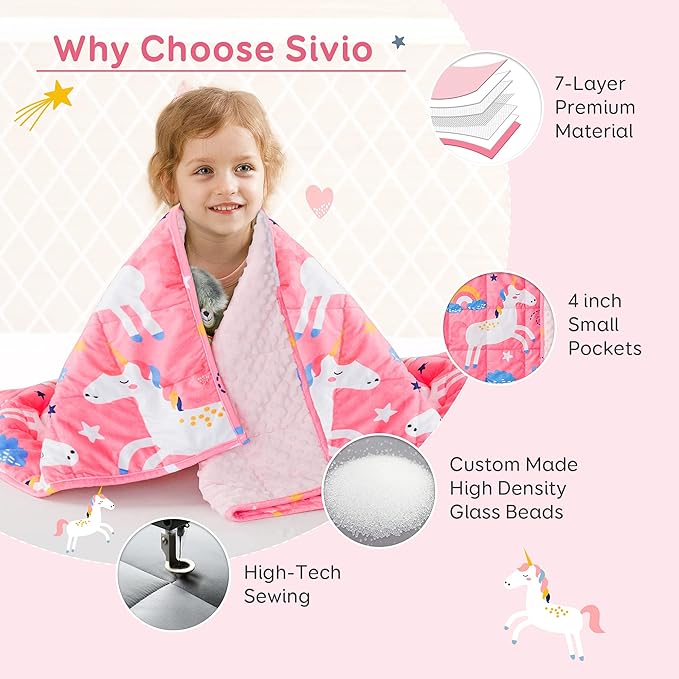 Sivio Dotted Weighted Blanket, Super Soft Crystal Velvet Reversible Heavy Blanket with Cute Cartoon Patterns, 7 lbs, 41x60 Inch, Pink Unicorn