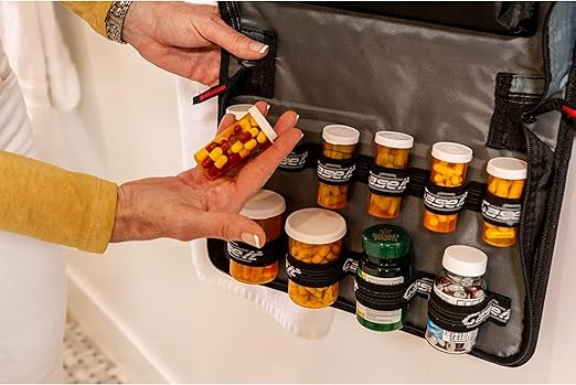 Med Manager Medicine Organizer and Portable Medical Binder, Holds (15) Pill Bottles - (11) Standard Size and (4) Large Bottles, Includes Removable 5-Tab File Folder, Red, 14 x 14 x 4 inches