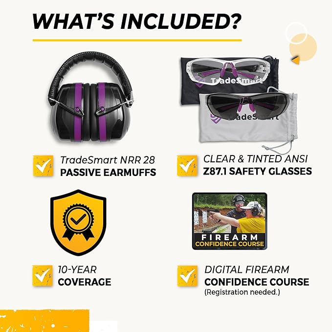 TradeSmart High-Performance Earmuffs for Shooting Range & Shooting Eye Protection Glasses + Firearm Confidence Course