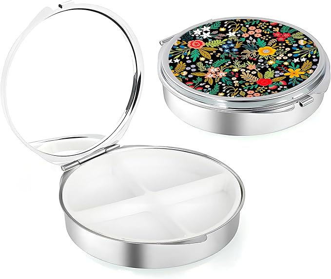 Weekly Pill Case, Medicine Planner, Vitamin Organizer Box, Portable Daily Pill Box with Compartments,Pocket Purse Metal Medicine Organizer Unique Gifts,Wild Flower