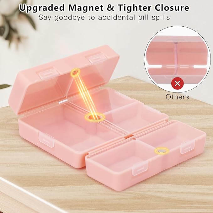 FYY Daily Pill Organizer, 7 Compartments Portable Pill Case Travel Pill Organizer,[Folding Design] Pill Box for Purse Pocket to Hold Vitamins,Cod Liver Oil,Supplements and Medication-Pink