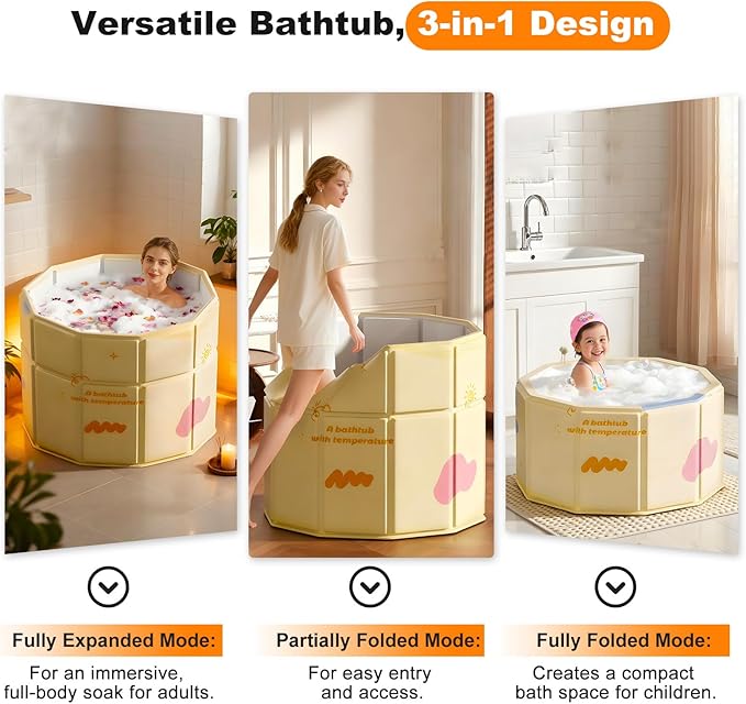 Portable Bathtub for Adult 27.5"x27.5" Collapsible Cold Plunge Bathtub Foldable No Installation Ice Bath Tub for Shower Stall, Bathroom Hot SPA Soaking Standing Tub