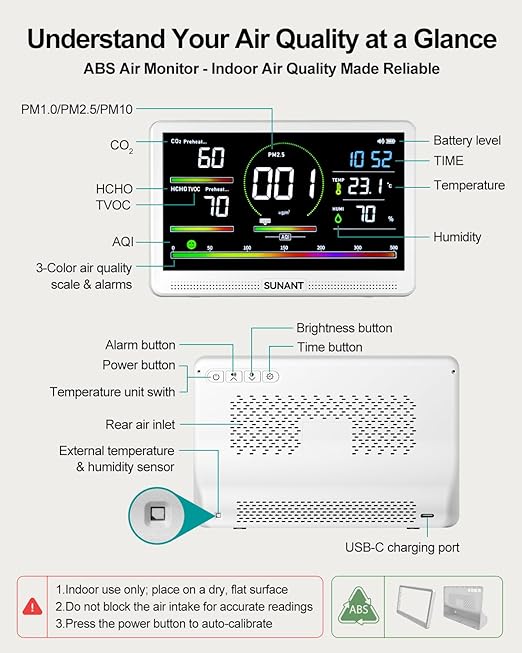 16 in 1 Indoor Air Quality Monitor, 7" LED Display 9 AQI+7 AQI Auto Alerts Air Quality Meter for CO2 Monitor/HCHO/TVOC/Temperature/Humidity, Battery Powered, Air Detector Air Quality Tester for Home