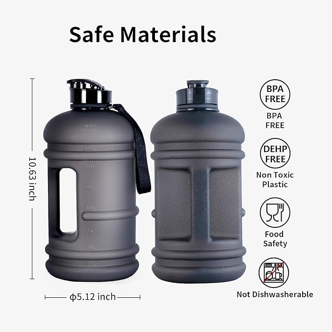 TOOFEEL 2 Liter Water Bottles - Half Gallon Water Bottle BPA Free - Ideal for Gym, Big Water Jug, Reusable Sports Bottle with Measurements Marked Drink Container - 2.2L 74oz Black Half Gallon Bottle