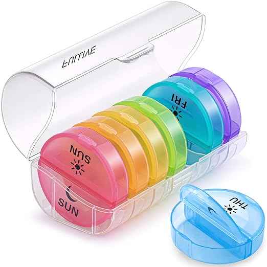 Daily Pill Organizer (Twice-a-Day) - Weekly AM/PM Pill Box, Round Medicine Organizer, 7 Day Pill Container, Vitamin Organizer for Vitamin Fish Oils Supplement