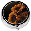 Metal Pill Organizer - 3-Compartment Mini Round Pill Case for Pocket & Purse, Portable Vitamin Holder, Easy-Open Design for Travel - Quiet Sunflower