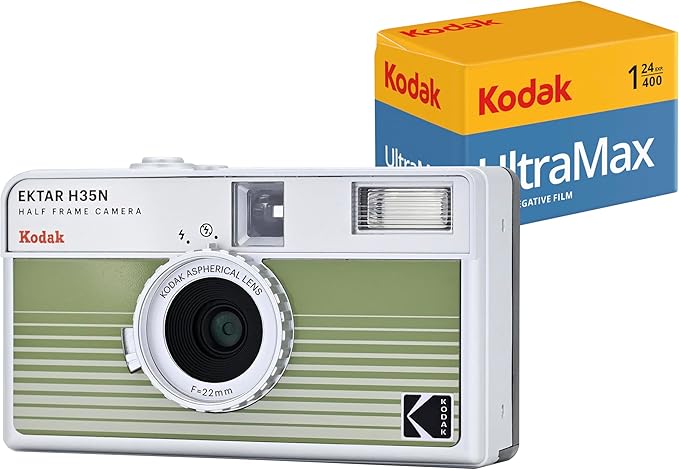 Kodak EKTAR H35N Half Frame Film Camera Bundle with Kodak Ultramax 400/24EXP 35mm Roll Film (Striped Green, Bundle)