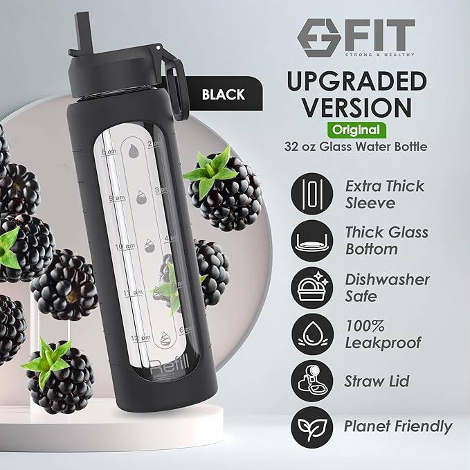 FIT Strong & Healthy 32 oz Glass Water Bottle with Straw Lid - Wide Mouth Borosilicate Glass Water Bottles with Time Marker, Silicone Sleeve & Extra Lid - 1L Large Motivational Drinking Bottle