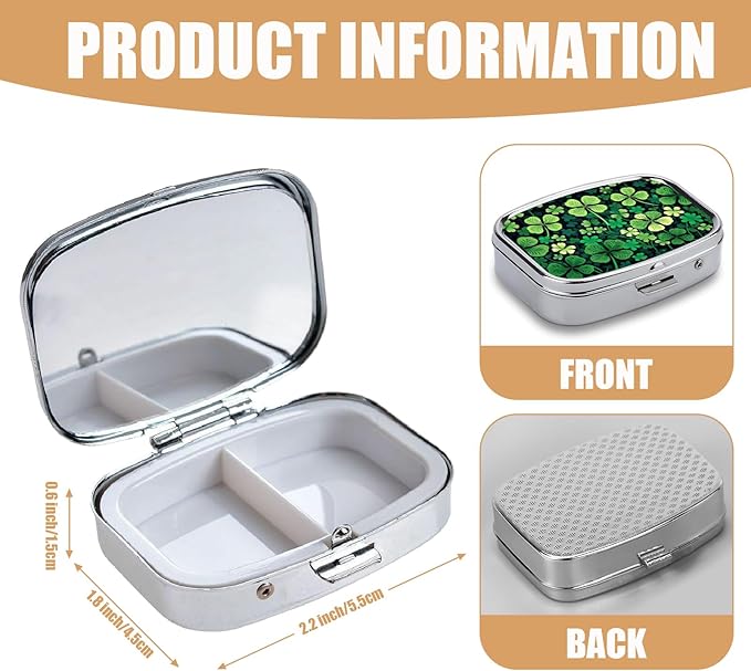 Pill Box-2 Compartment Small Pill Case Square Organizer Case with Mirror Portable Metal Medicine Box Travel Container for Pocket & Purse Women Men（St.Patrick's Day ）