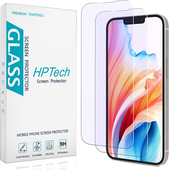 HPTech 2 Pack Anti Blue Light Screen Protector Designed for iPhone 14, iPhone 13 and iPhone 13 Pro Eye Protection Tempered Glass Film, Easy to Install, Bubble Free