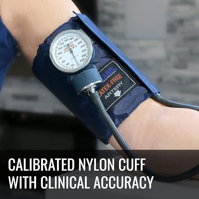 MABIS Precision Series Aneroid Sphygmomanometer Manual Blood Pressure Set with Calibratrated Nylon Cuff and Carrying Case, Thigh, Latex Free