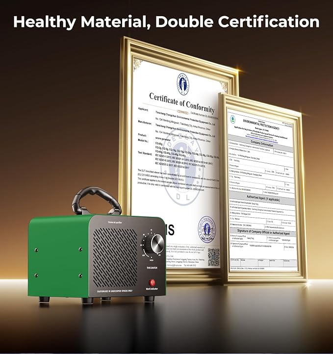 Ozone Generator, 48,000mg/h High Capacity O3 Machine for Large Spaces Up to 4,000 Sq Ft, Portable Odor Eliminator for Car, Home, Basement, Smoke, Pets, and Commercial Use, Green