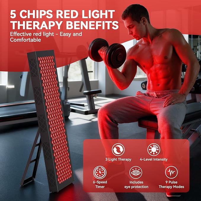 Red Light Therapy Box, 5in1 LED with 630-660-810-830-850, Metal Case, 3 Modes Red Light Panel with Soft Belt, 6 Timing Set - 9 Pulse Modes - 4-Level - Red Light Therapy Panel for Body