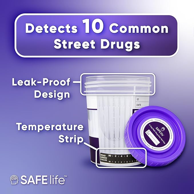 SAFE LIFE [25] Pack- 10 Panel Multi Drug Urine Test Cup (THC 50, AMP,BUP,BZO,COC,mAMP/MET,MDMA,MOP/OPI,MTD,OXY)-Highly Sensitive- Fast Result in 5 Mins