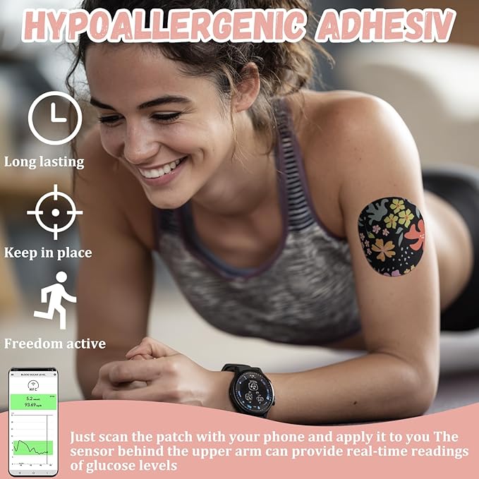 Geiserailie 30 PCS Adhesive Patch Compatible with Dexcom G7 Pre-Cut Flowers Pink Bow NO Glue in The Center Sensor Cover for Continuous Glucose Monitor Long Fixation Flexible Breathable