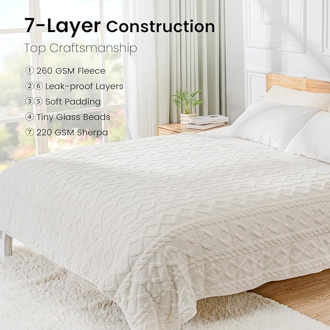 Drewin Weighted Blanket 15lbs Queen Size, Soft and Thick Jacquard Sherpa Heavy Blanket for Calming and Relax, Dual Sided Ultra Soft Fuzzy Throw Blanket with Ceramic Beads, 60 x 80 inches, Cream White