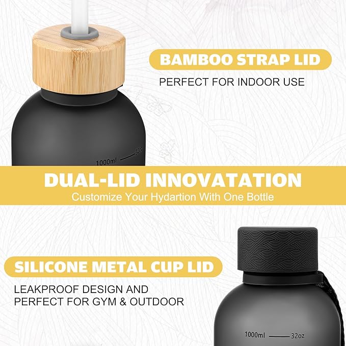 32oz Slim Water Bottle [Lightweight & Shatterproof] with Straw and 2 Lids, Stainless Steel Lid & Bamboo Straw Lid for Travel, Sports, School, Gym- Dishwasher Safe(Black Clear)