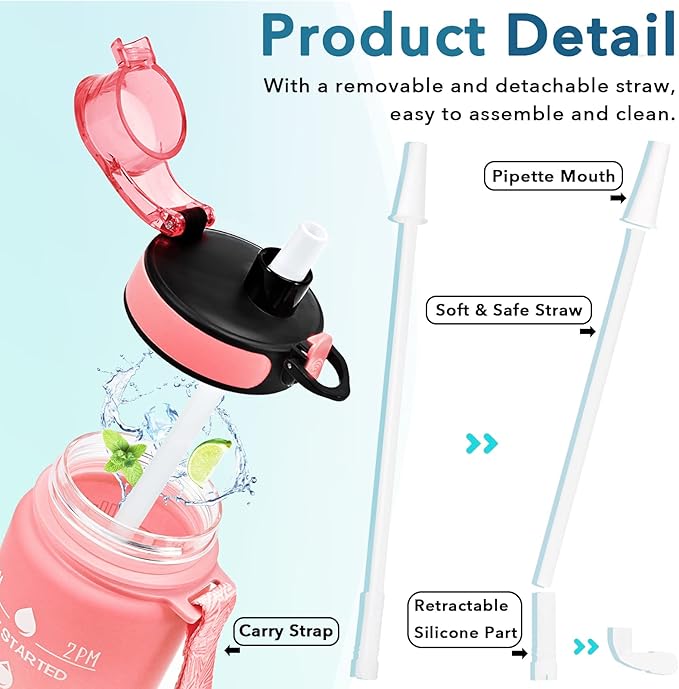 Enerbone Water Bottle, Leakproof BPA & Toxic Free, Motivational Water Bottle with Times to Drink and Straw, Fitness Sports Water Bottle with Strap for Office, Gym, Outdoor Sports
