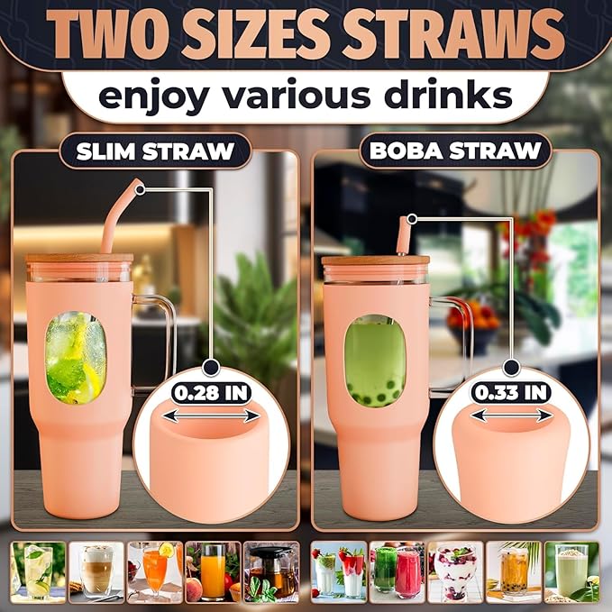 46 Oz Glass Tumbler with Lid – Large Peach Tumbler with Straw and Lid | Ergonomic Glass Water Bottle with Handle, 2 Straws, Silicone Sleeve, Dishwasher Safe, Easy Visibility | Valentine's Day Gift