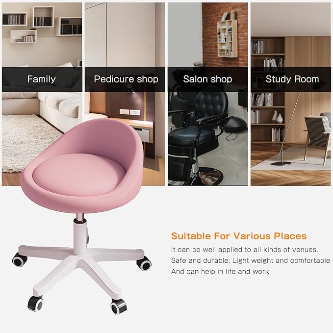 Rolling Stool Chair with Backrest, Round PU Leather Adjustable Height Hydraulic Swivel Rolling Stool for Spa Salon Tattoo Massage Doctor Dental Medical Office Pink Set of 2
