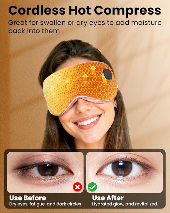 Heated Eye Mask - Cordless Eye Mask for Dry Eyes, Eye Relief, Improved Sleep, 4 Temperature, Washable Eye Heating Pad for Travel and with Replaceable Shell, Gifts for Women