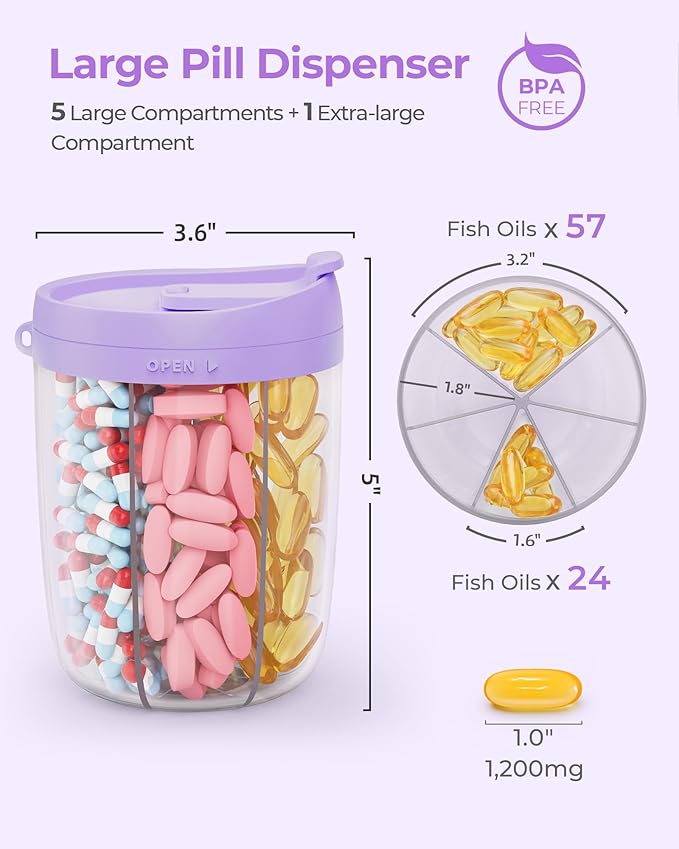 Large Pill Dispenser with 6 Compartments, Anti-Mix Pill Bottle Organizer with Wide Opening & Easy Retrieval, Vitamin Organizer for Travel, BPA-Free Pill Box with a Strap, Purple