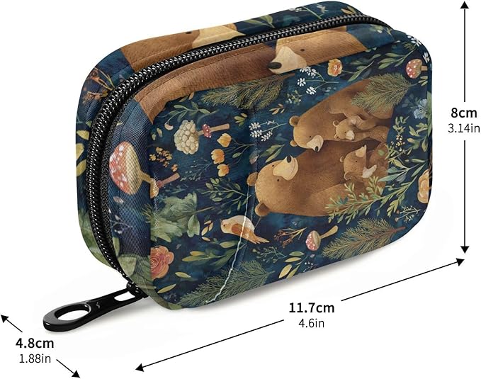 Watercolor Forest Brown Bears Green Travel Pill Organizer Case Box Container Weekly Portable Vitamin Medicine Holder Storage Bag with Zipper Removable