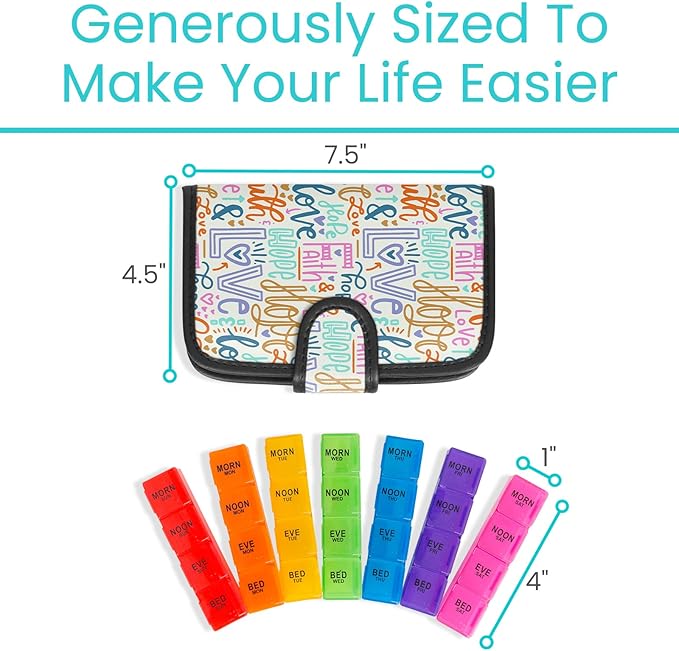Vive Weekly Pill Organizer 4 Times a Day - 7 Days Pill Boxes for Morning, Noon, Evening, Night - Extra Large Medicine, Vitamin & Supplement Dispenser with Premium Leather Case