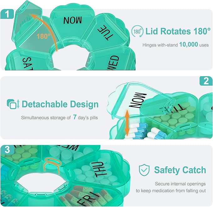 𝐖𝐞𝐞𝐤𝐥𝐲 𝐏𝐢𝐥𝐥 𝐎𝐫𝐠𝐚𝐧𝐢𝐳𝐞𝐫, Thinned and Enlarged 7 Day Pill Organizer, Cute Daily Pill Box with Large Compartment for Travel, Pill Container for Medication, Vitamin, Supplements(Green)