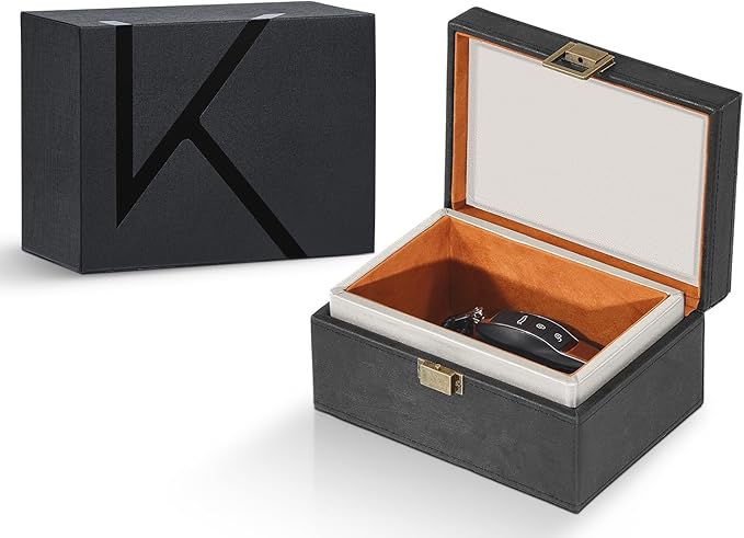 KK6M-BK Faraday Key Fob Protector Box, RFID Signal Blocking Shielding Box for Car Keys, Anti-Theft Vintage Faraday Cage with High-Grade Protein Leather, Black - Size: M