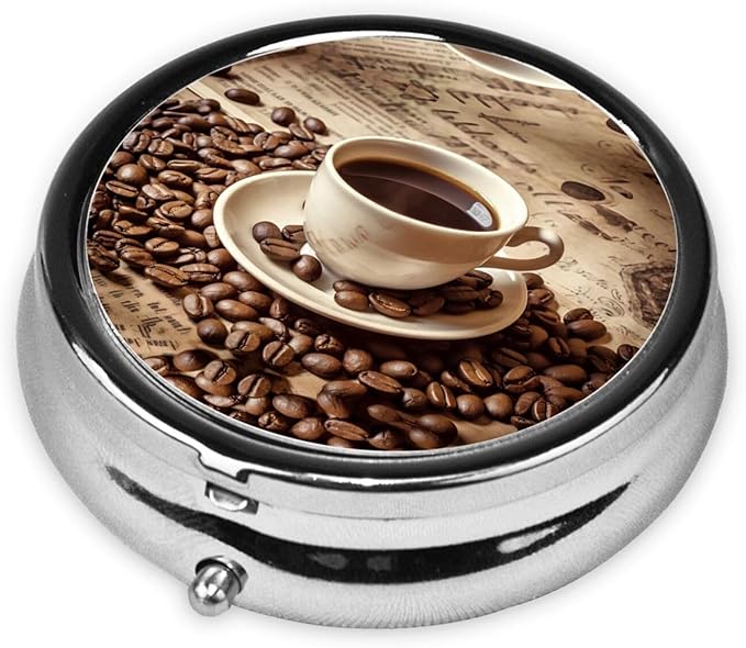 Retro Coffee Mug Beans Pill Box 3 Compartment Pill Case, Portable Medicine Pill Organizer for Pocket Purse Pill Box Decorative Metal Medicine Vitamin Organizer