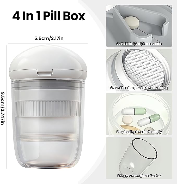 Multifunctional Pill Box, 4-in-1 Pill Organizer with Pill Cutter, Crusher & Water Cup, Compact Pill Case for On-the-Go Use (White)