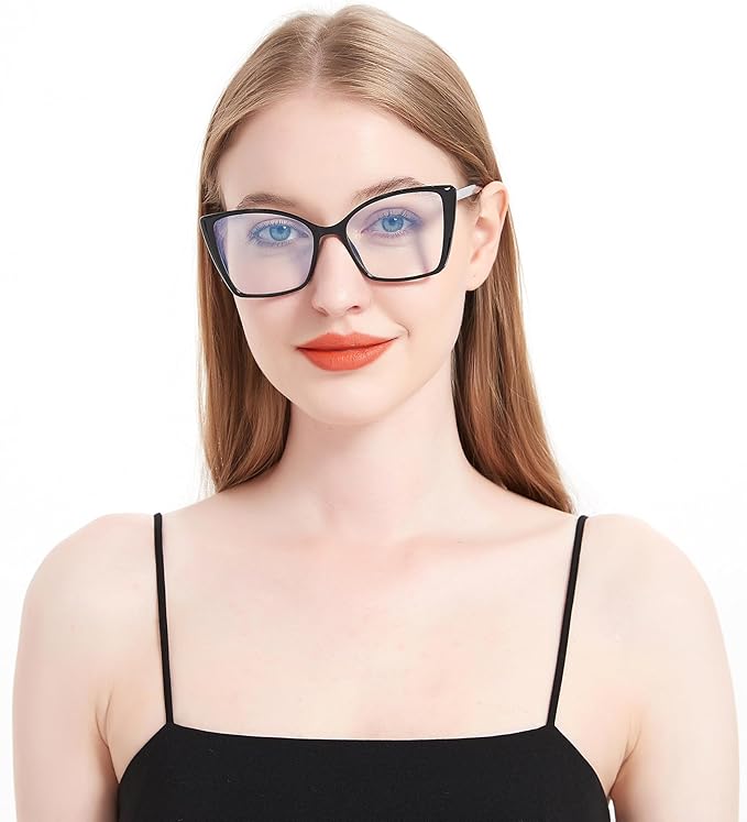 2 Pack Blue Light Blocking Glasses for Women, Oversized Trendy Cat Eye Computer Gaming Glasses Anti Glare & UV Glare RF6204 (Black + Clear Gradient Brown Cateye Frame)