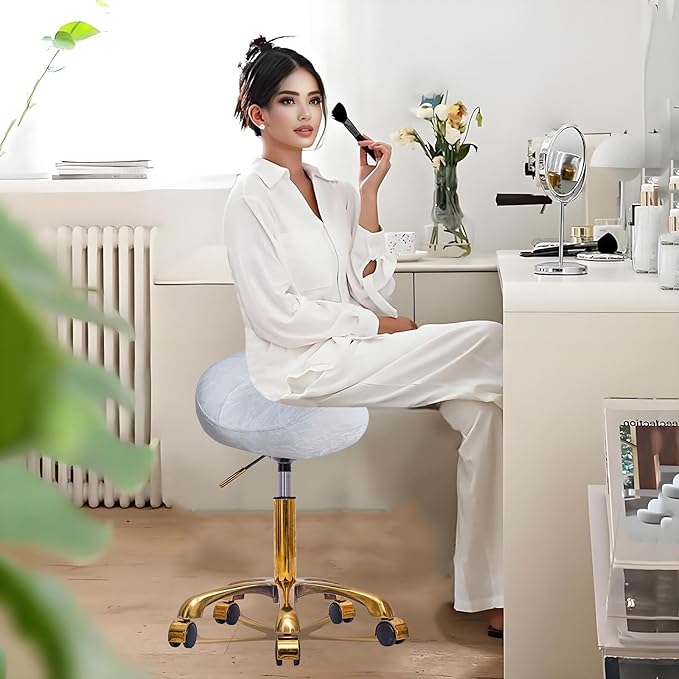Saddle Stool Gold Rolling Stool with Wheels, PU Leather Roller Vanity Chair, Height Adjustable Swivel Saddle Chair for Pedicure, Tattoo, Massage, Salon, Spa (White)
