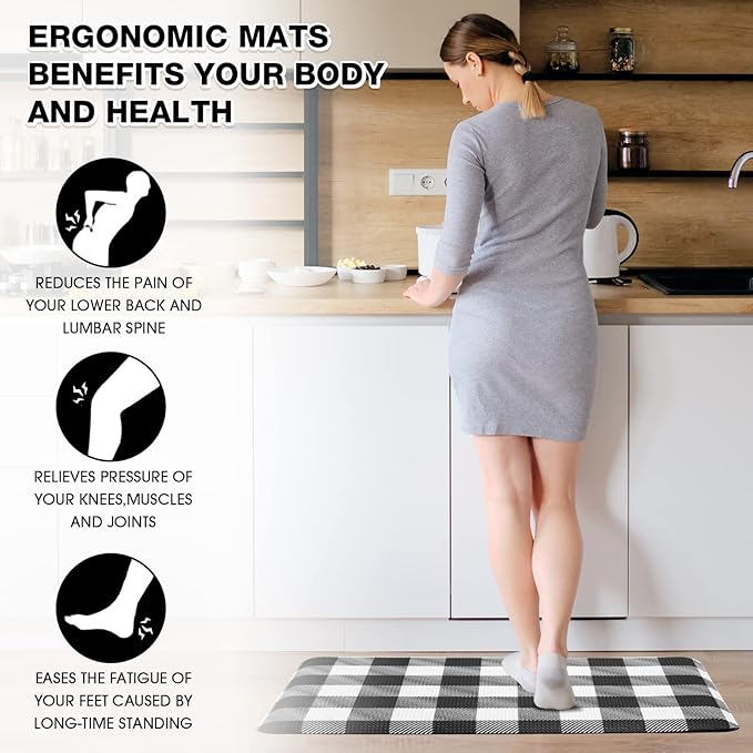 MAYHMYO Kitchen Mats Cushioned Anti Fatigue 0.47" Thick Black and White Buffalo Plaid Kitchen Rug Floor Mat Non Slip Waterproof Farmhouse Comfort Standing Mat for Home Office Sink