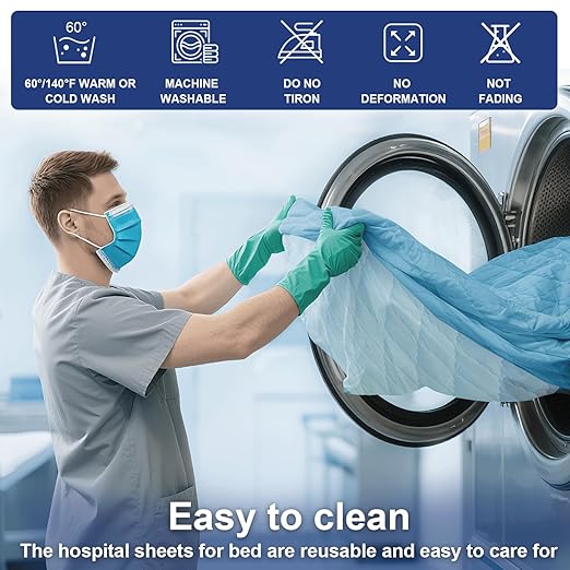 2 Pack Hospital Bed Sheets Set,Hospital Fitted Bed Sheets for Home Use & Hospital Care Beds,Waterproof Fitted Sheets with Elastic All Around,Reusable and Machine Washable,36" x 84" x 14" (Blue)
