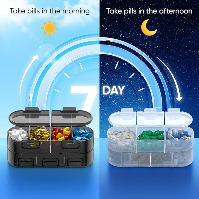 Weekly Pill Organizer, 2/3/4 Times a Day, Double-Sided Opening Design, Portable Pill Box for Storing Medication/Vitamins/Fish Oils/Supplements (Variable Grids White Black 2PC)