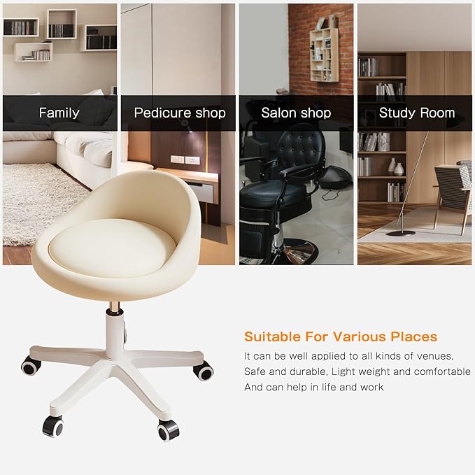 Rolling Stool Chair with Backrest, Round PU Leather Adjustable Height Hydraulic Swivel Rolling Stool for Spa Salon Tattoo Massage Doctor Dental Medical Office Beige