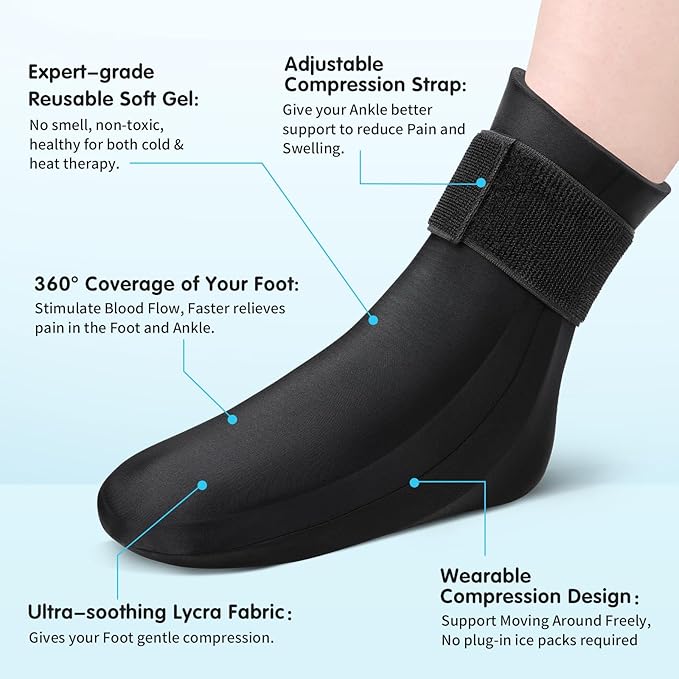Tolaccea Ankle Foot Ice Pack Wrap for Injuries, Reusable Gel Cold Therapy Sock with Hot & Cold Therapy, Instant Pain Relief for Achilles Tendonitis, Plantar Fasciitis, Foot Heel (Medium (Pack of 2))