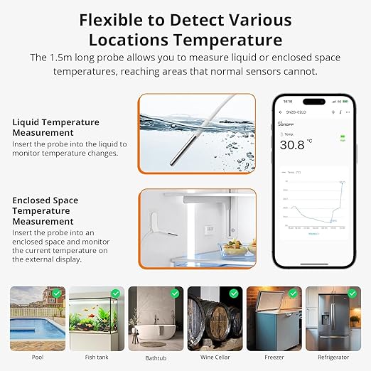 SONOFF SNZB-02LD Zigbee Waterproof Temperature Sensor with 1.5M Stainless Steel Probe, LCD Display, -40~115°C Range, APP Monitoring, Magnetic Mount, Works with Zigbee Hub