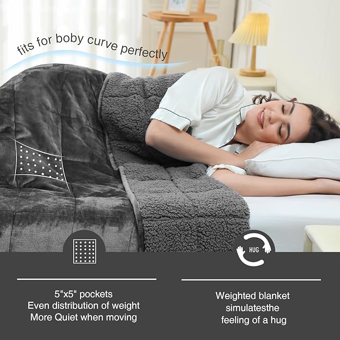 Aemicion Queen Size Weighted Blanket 15lbs,Plush Fleece Sherpa Heavy Blanket, Breathable Soft Weighted Blanket as Gifts for Women Man-Dark Grey