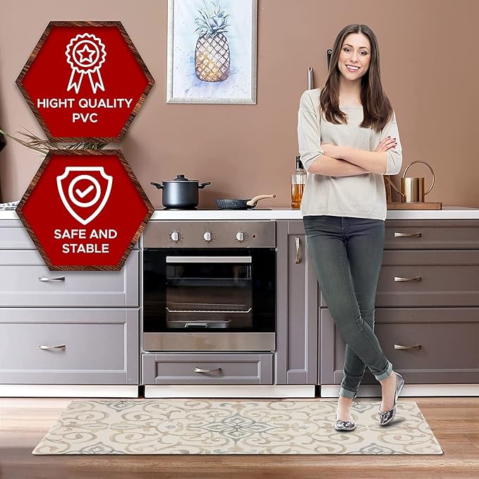 J&V TEXTILES Oversized 20"x39" Anti-Fatigue Embossed Floor Mat (Rustic Medallion Cream